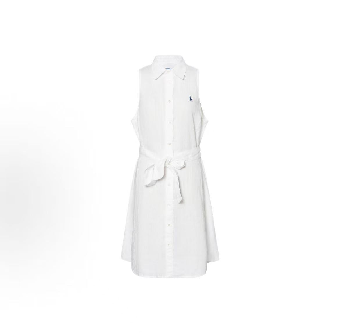 Ralph Lauren SS26 Linen Shirt-style A-line Sleeveless Dress for Women in White