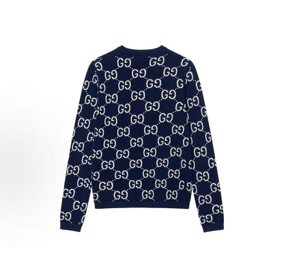 GUCCI Ancient Grecian SS22 Logo Letter Printed Knitted Round-neck Long-sleeve Wool Sweater - Sweater for Men - Blue