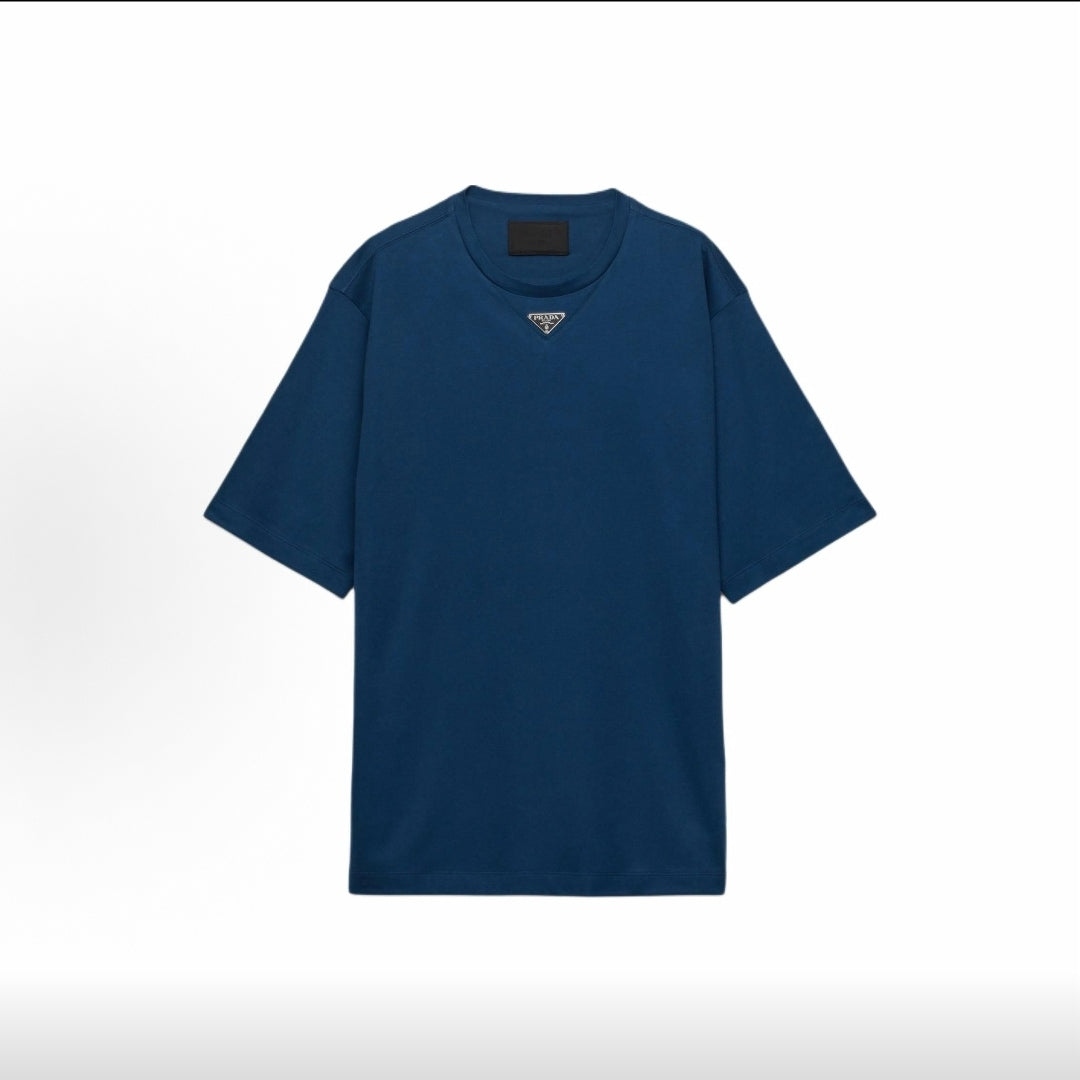 PRADA SS25 Spring/Summer Men's Collection - Solid Cotton Logo T-Shirt with Round Neck and Hooded Short Sleeve - Men's Style - Blue