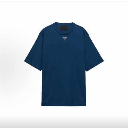 PRADA SS25 Spring/Summer Men's Collection - Solid Cotton Logo T-Shirt with Round Neck and Hooded Short Sleeve - Men's Style - Blue