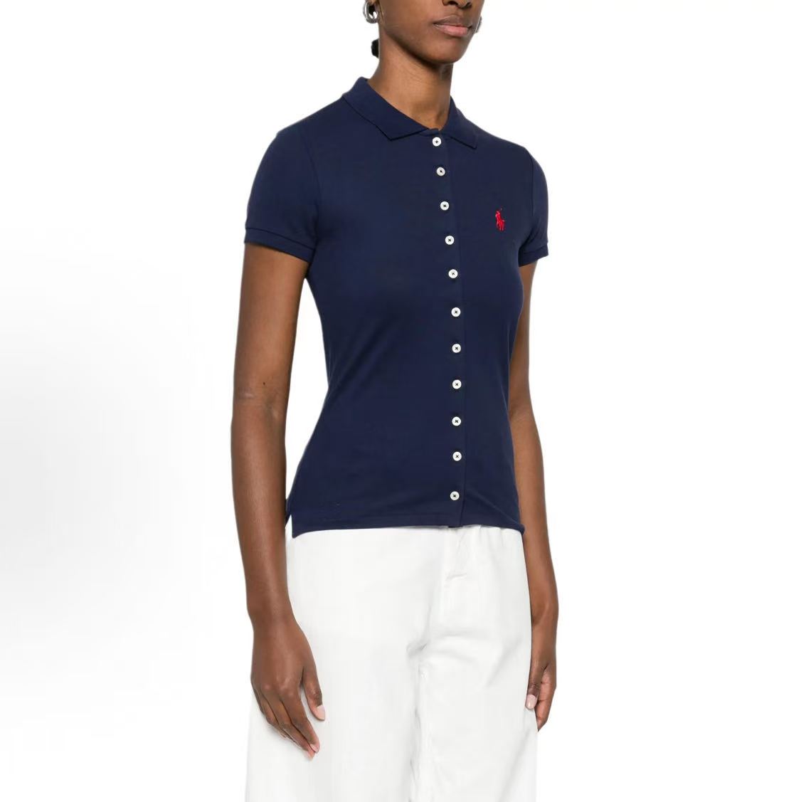 Ralph Lauren Logo Single-Button Collar Short-Sleeved Shirt for Women in Blue