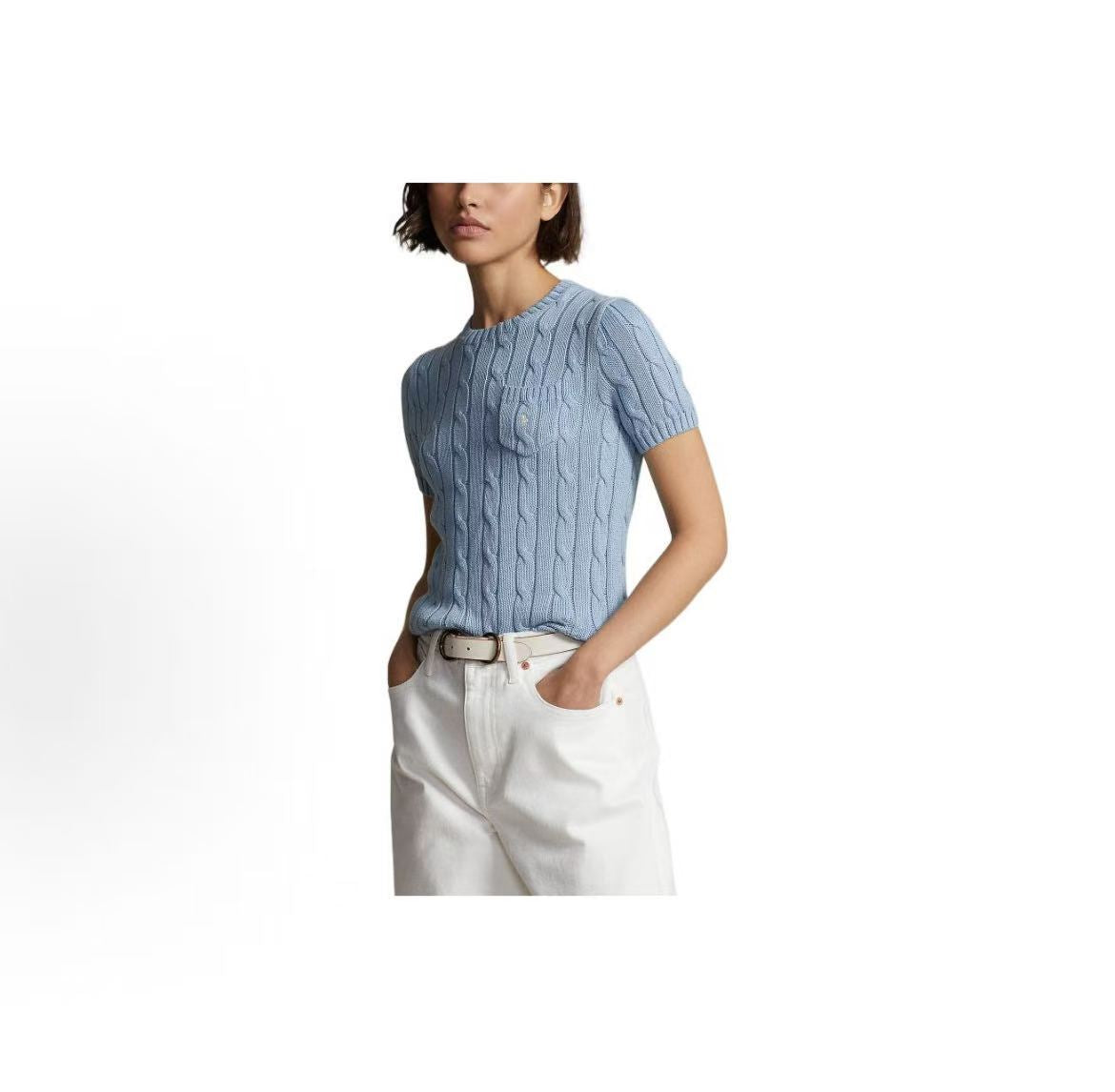 Ralph Lauren SS23 Solid-color Logo Twisted Knit Short-Sleeve Sweater - Form-fitting Style - Women's - Blue