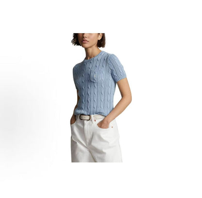 Ralph Lauren SS23 Solid-color Logo Twisted Knit Short-Sleeve Sweater - Form-fitting Style - Women's - Blue
