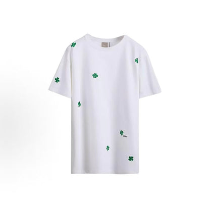 DIOR (Dior) SS26 Summer Collection - Cotton Loose Ribbed Round-neck T-shirt with Four-Leaf Clover Embroidery Pattern for Men