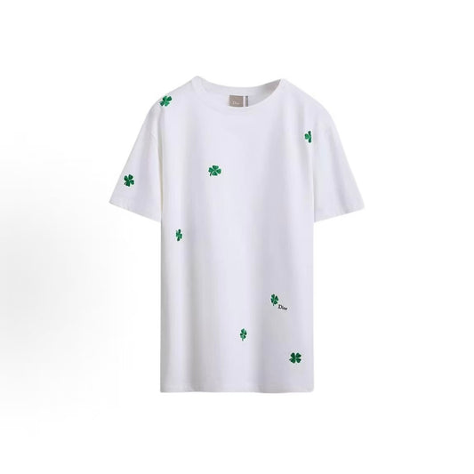 DIOR (Dior) SS26 Summer Collection - Cotton Loose Ribbed Round-neck T-shirt with Four-Leaf Clover Embroidery Pattern for Men