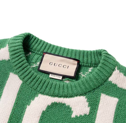 GUCCI Gucci 2024 Spring Collection Lettered Jacquard Round-neck Pullover Long-sleeve Sweater for Men Green