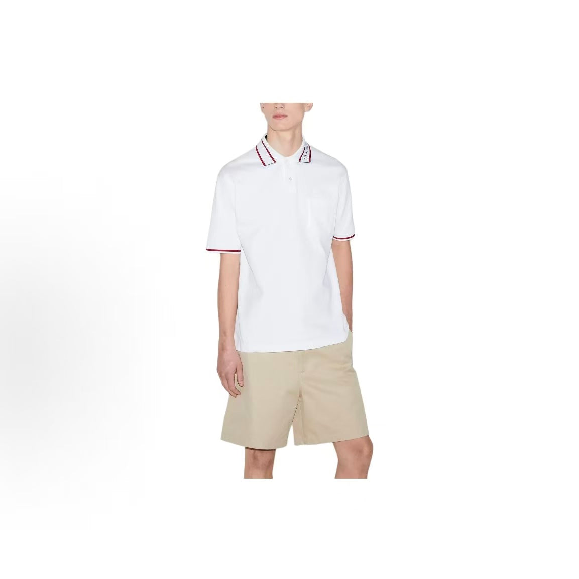 GUCCI Lido series Polo shirt with logo embroidered stripe trim, straight-cut, long-sleeved, short-sleeved, men's style, white color