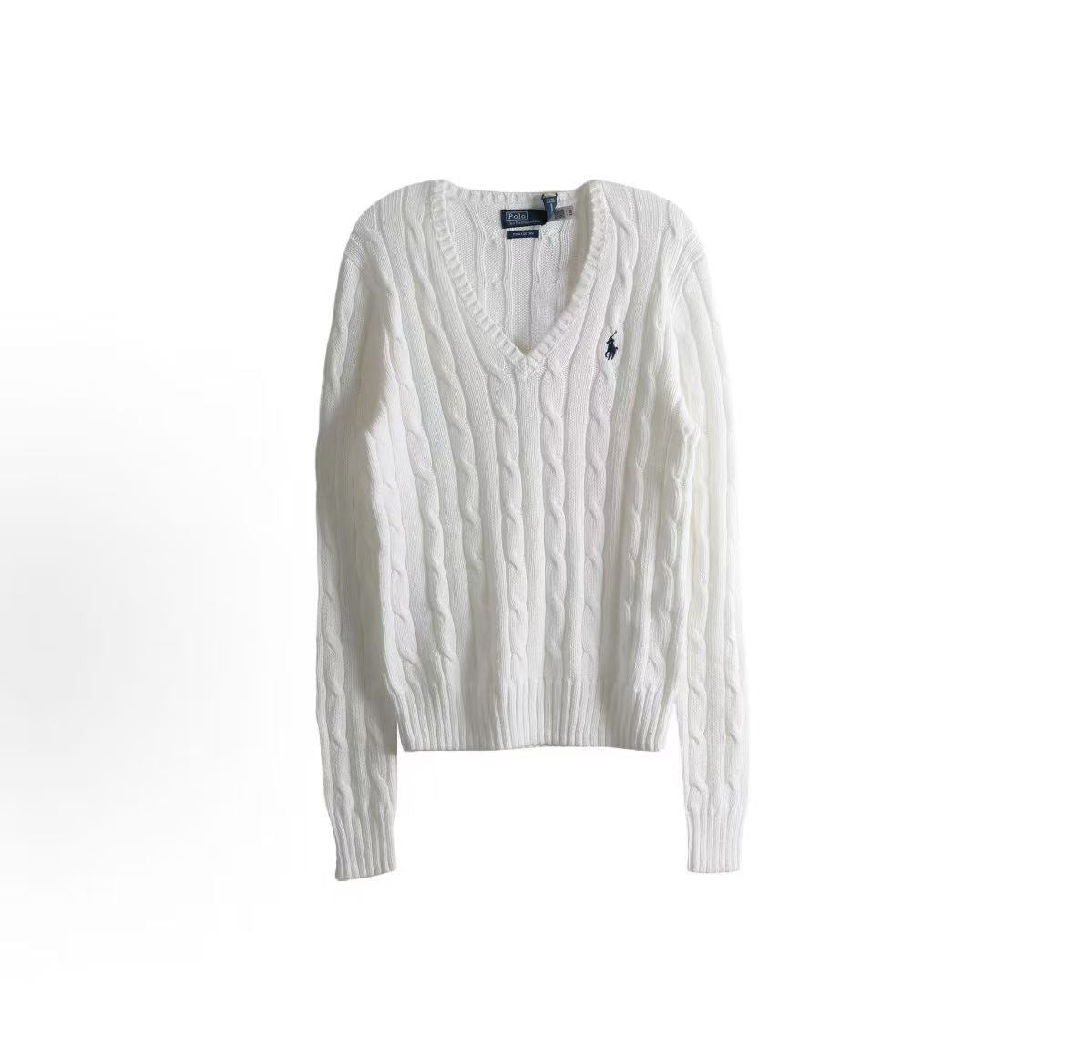 Ralph Lauren Petite Spurs Embroidered Solid Cotton Twill Gathered V-Neck Pullover Long Sleeve Ribbed Hem Skirted Sweater Standard Fit Women's White