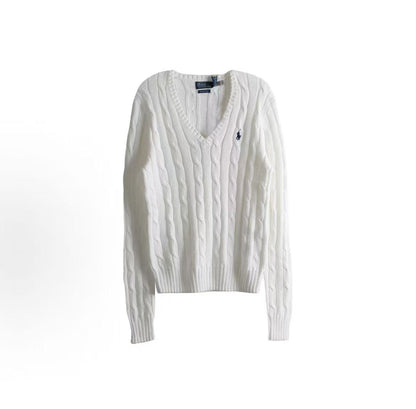 Ralph Lauren Petite Spurs Embroidered Solid Cotton Twill Gathered V-Neck Pullover Long Sleeve Ribbed Hem Skirted Sweater Standard Fit Women's White