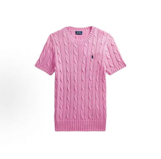 Ralph Lauren SS23 Solid-color Horse Logo Pattern Cozy Plaid Cotton Round-neck Pullover Short-sleeve Knit Dress (Standard Fit) for Women, Pink