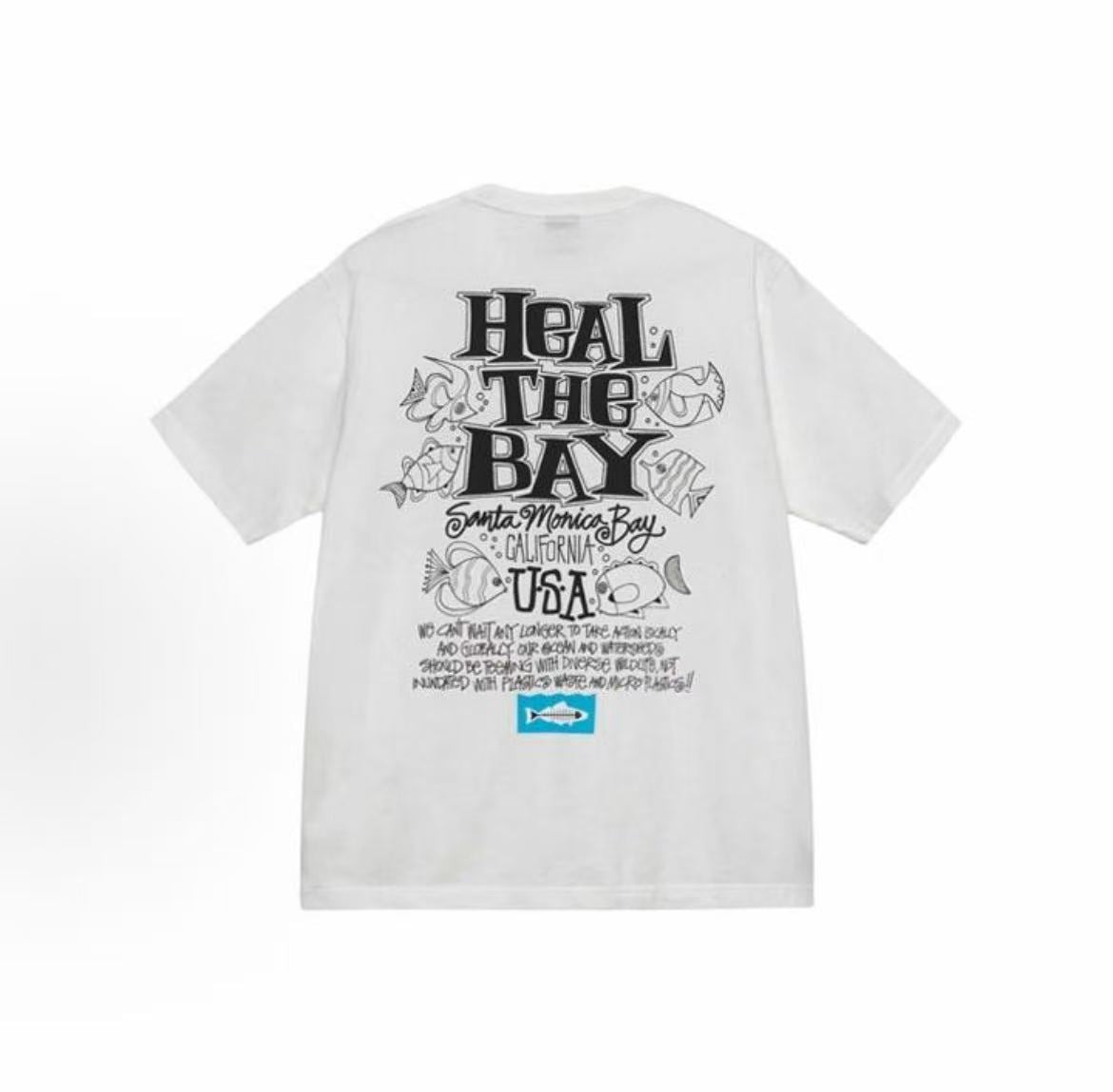 Stussy x Heal the Bay Collaboration Collection SS23 HEAL THE BAY OCEAN PIGMENT DYED TEE - Round-neck letter-printed loose-fitting short-sleeved American retro T-shirt, available for both men and women.