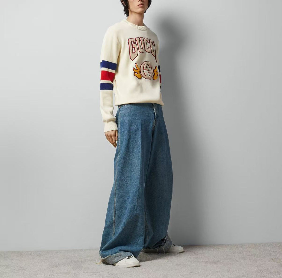 GUCCI - Chinese New Year SS24 - Letter Logo Striped Embroidered Round-neck Long-sleeved Knit Shirt for Men - Ivory White