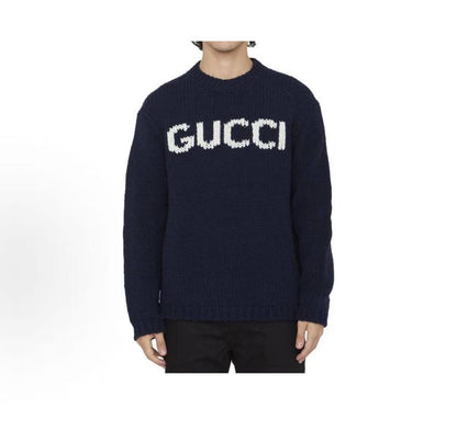 GUCCI Gucci Letter Logo Printed Round-neck Long-sleeved Knit Shirt for Men in Dark Blue