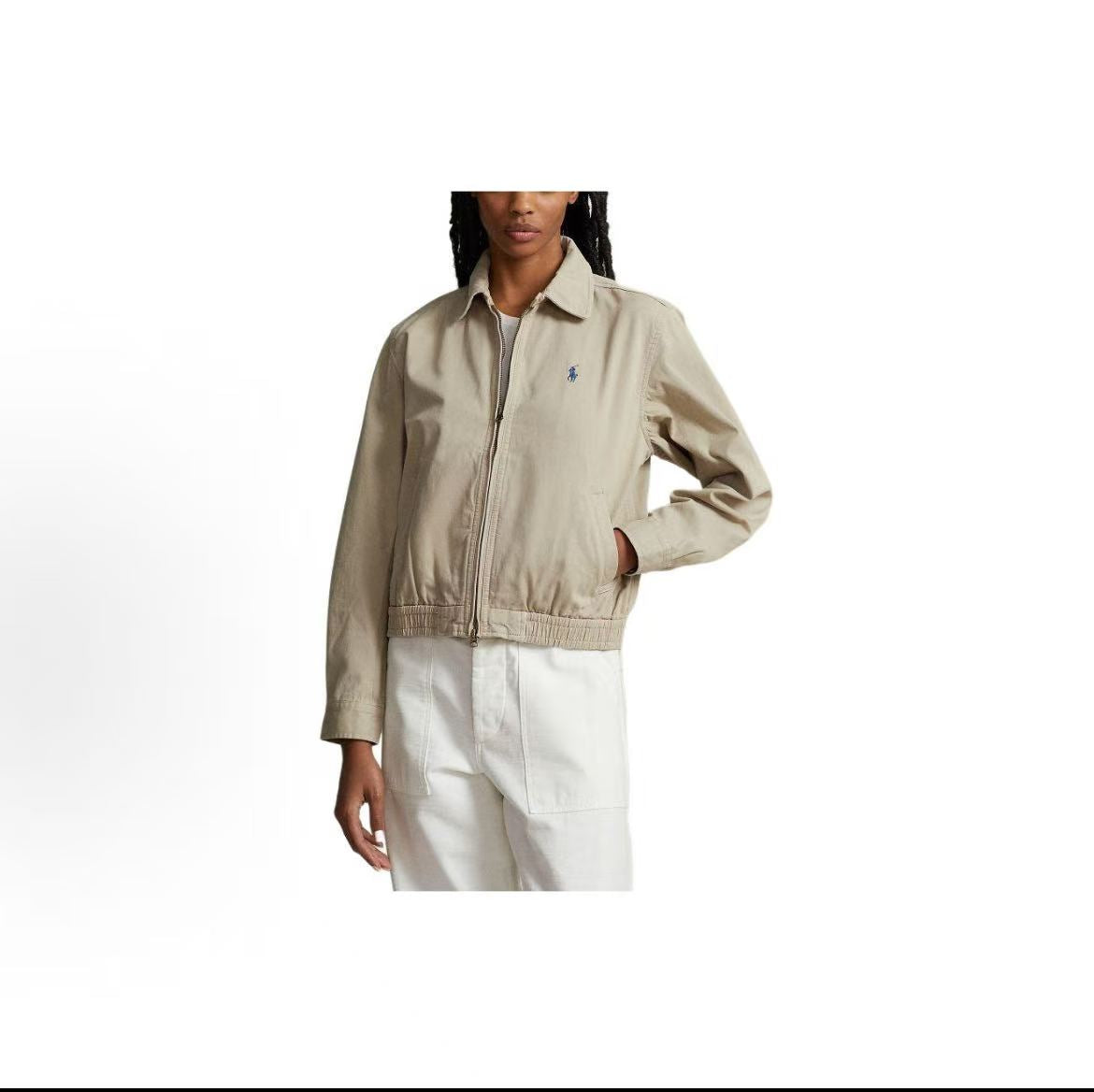 Ralph Lauren Petite Spurs Embroidery Solid Twill Cotton Buttoned Long-Sleeved Elastic Hem Jacket Coat - Loose Fit Women's - Khaki Color
