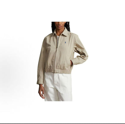 Ralph Lauren Petite Spurs Embroidery Solid Twill Cotton Buttoned Long-Sleeved Elastic Hem Jacket Coat - Loose Fit Women's - Khaki Color