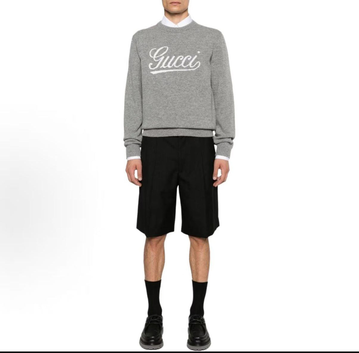 GUCCI Logo embroidered round-neck pullover long-sleeve sweater for men in gray color
