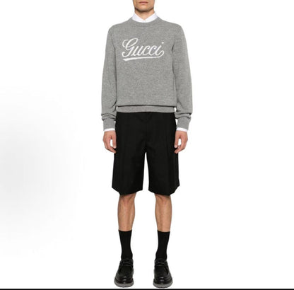 GUCCI Logo embroidered round-neck pullover long-sleeve sweater for men in gray color