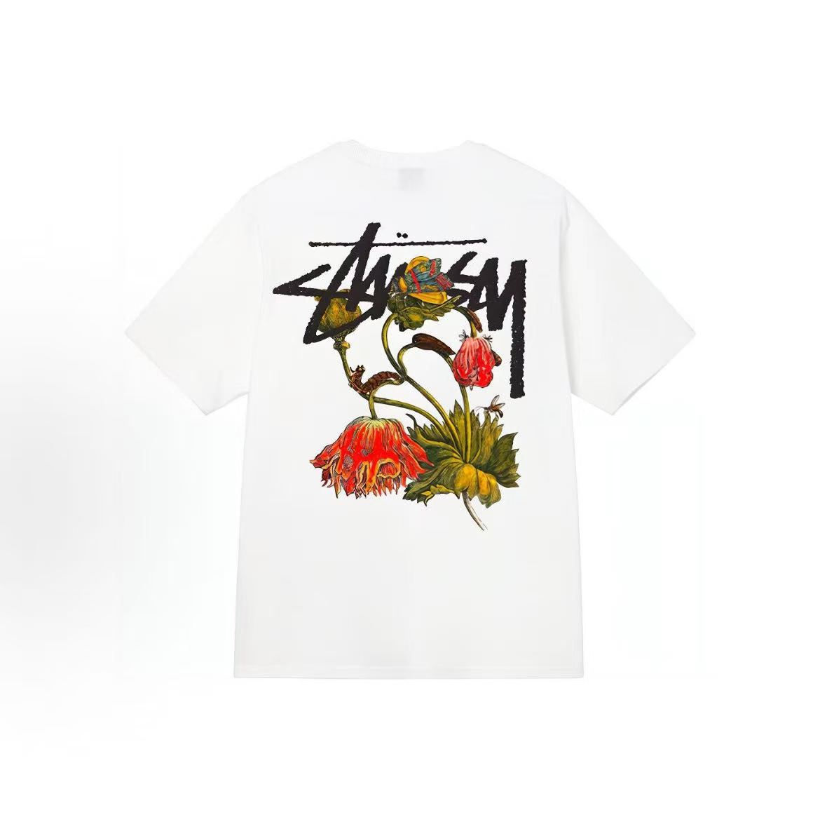 Stussy SS22 Peony Fashion Print Round-neck Pullover Casual Loose Comfortable Leisure Summer Short-Sleeve T-shirt for Men