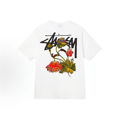 Stussy SS22 Peony Fashion Print Round-neck Pullover Casual Loose Comfortable Leisure Summer Short-Sleeve T-shirt for Men