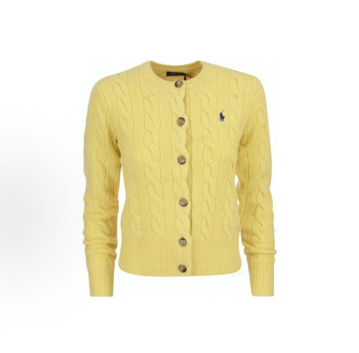 Ralph Lauren FW22 Solid Color Round Neck Single-Button Wool Sweater - Cashmere Sweater - Women's - Yellow