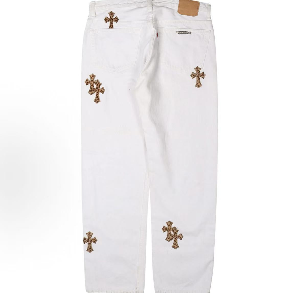 Chrome Hearts Matty Boy series Leopard print cross patch letter print button long pants, denim, for both men and women alike