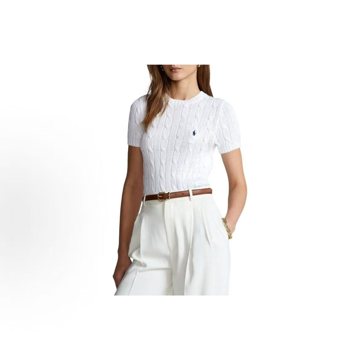 Ralph Lauren SS23 Solid-color Logo Embroidered Knit Top - Standard Fit - Women's - White