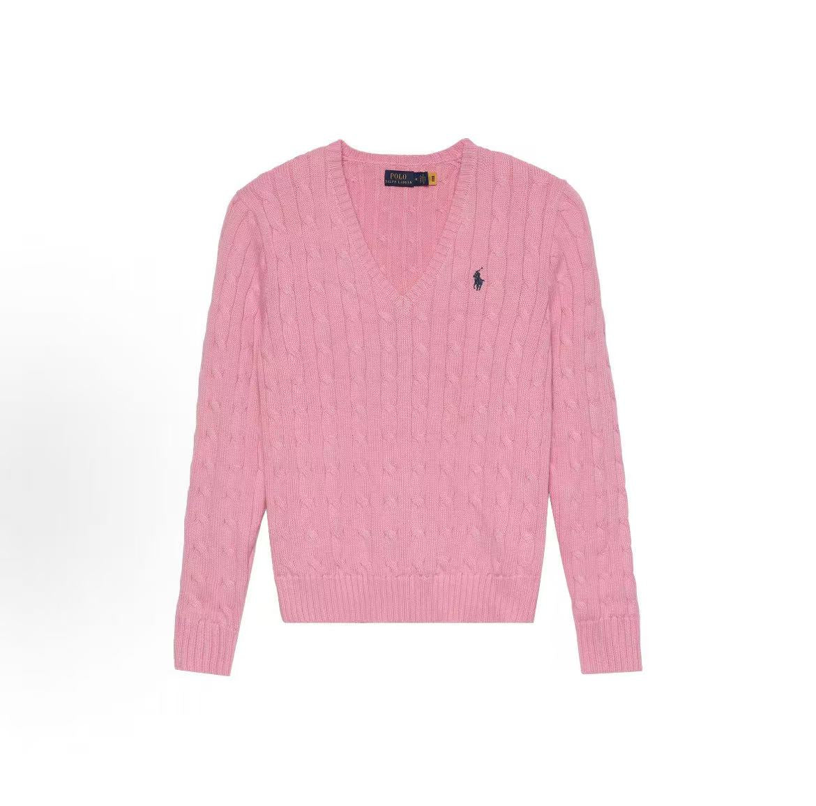 Ralph Lauren SS23 brand logo pattern solid-color V-neck cotton pullover long-sleeve knit shirt classic version women's style pink