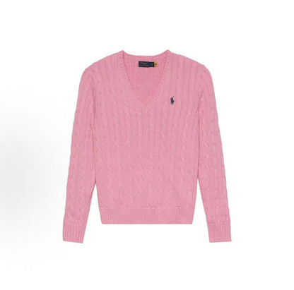 Ralph Lauren SS23 brand logo pattern solid-color V-neck cotton pullover long-sleeve knit shirt classic version women's style pink