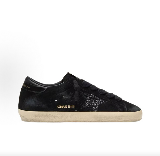 Golden Goose Super-Star Ltd Women's Black Low-Top Sneakers – Round Toe, Lace-Up, Glitter Star, Leather Heel Tab
