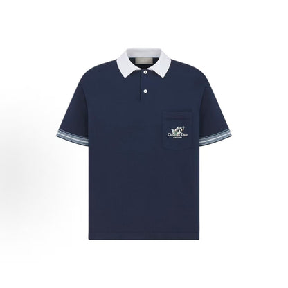 DIOR (Dior) Autumn 2025 Men's Collection - Knitted Plain Cotton Shirt in a Fitted Style by Christian Dior Couture with Lily-of-the-Valley Embroidery - Men's Style - Blue