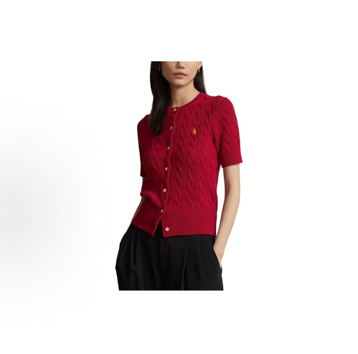 Ralph Lauren SS24 New Year Collection Small Spikes Embroidered Logo Pattern Twisted Knit Cotton Roundneck Single-Button Short-Sleeved Button-Up Blouse Knit Top Standard Fit Women's Style