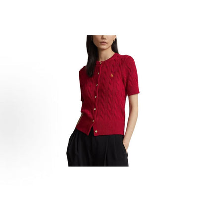 Ralph Lauren SS24 New Year Collection Small Spikes Embroidered Logo Pattern Twisted Knit Cotton Roundneck Single-Button Short-Sleeved Button-Up Blouse Knit Top Standard Fit Women's Style