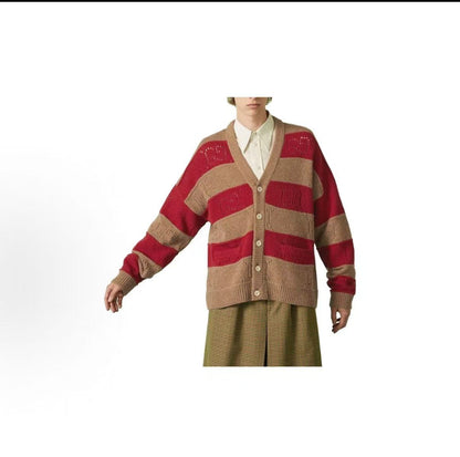 GUCCI 2023 Fall Collection Striped Single-Button Loose-Sleeved Knit Shirt for Men in Beige