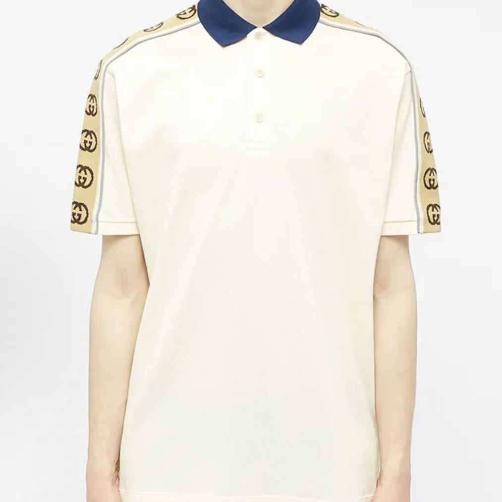 GUCCI Polo shirt with logo pattern, short sleeves, crew neck, men's style, ivory white