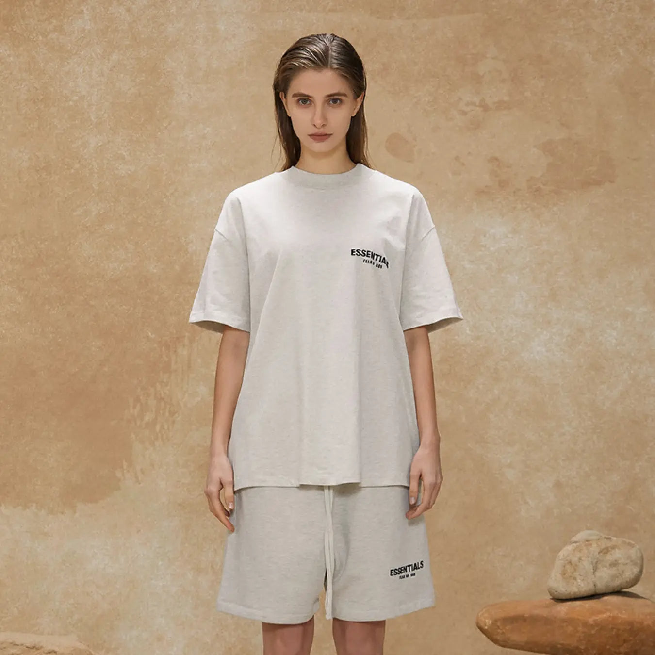 FOG FEAR OF GOD 22 multi-stitched back double row flocking ESSENTIALS letter T-shirt light oatmeal