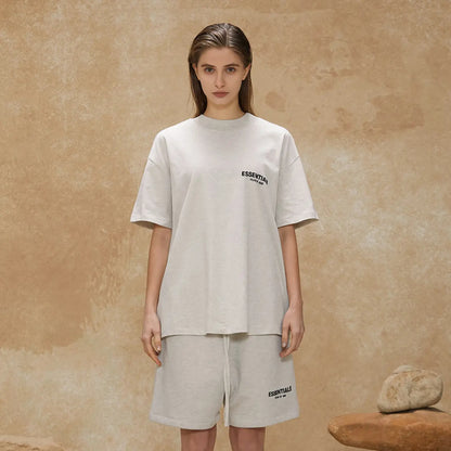 FOG FEAR OF GOD 22 multi-stitched back double row flocking ESSENTIALS letter T-shirt light oatmeal