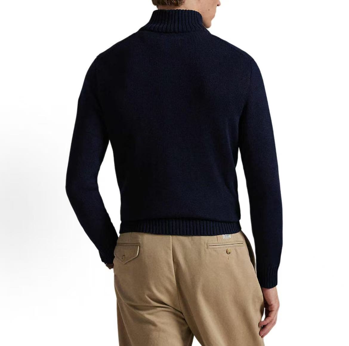 Ralph Lauren SS23 Solid Cotton Logo Small Spikes Embroidery High Neck Half-Zip Ribbed Sleeve Hem Long Sleeve Sweater Standard Fit Men's Blue