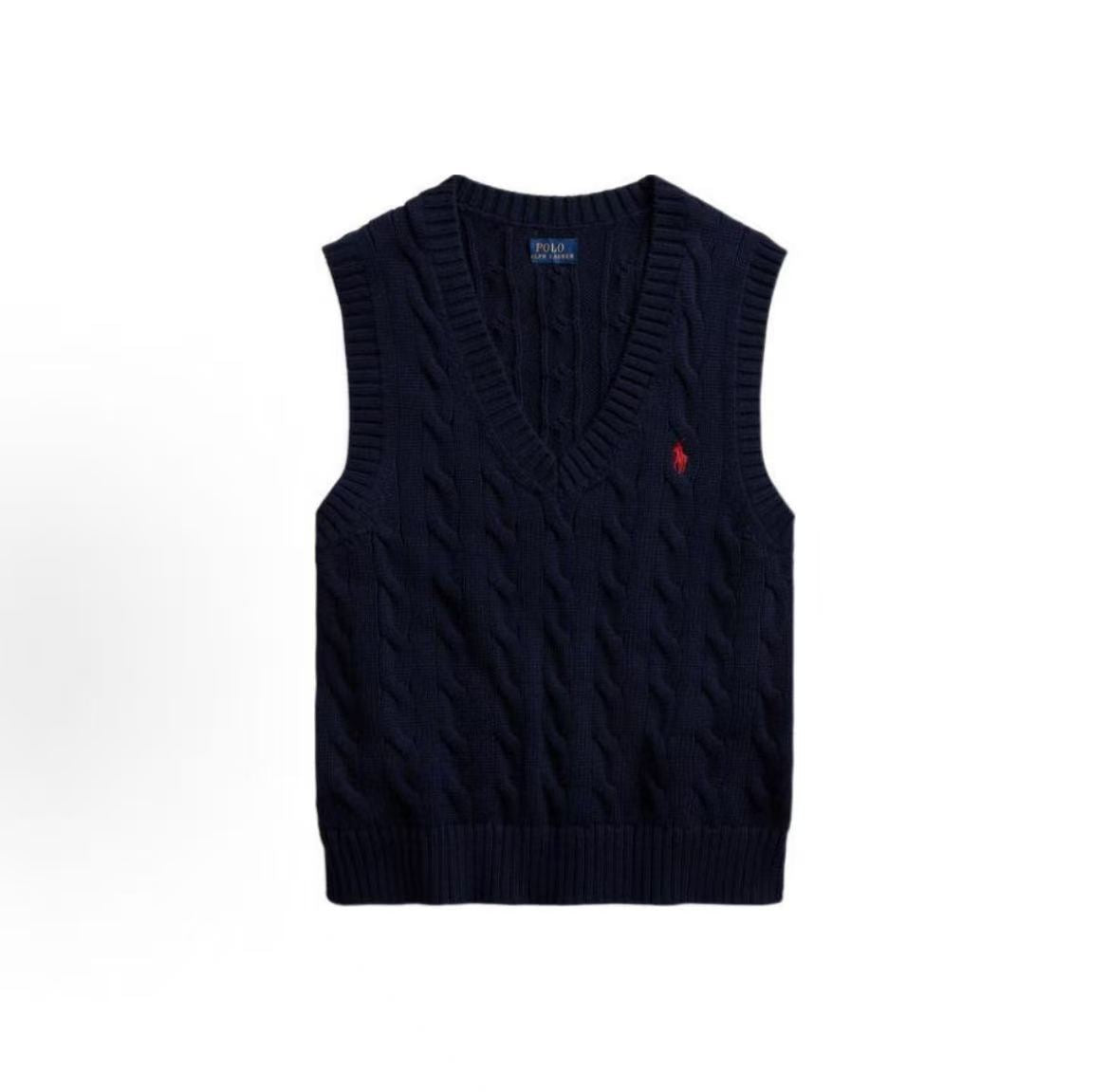 Ralph Lauren SS22 Little Horse Embroidered Logo Pattern Twisted Knitted Cotton Sleeveless V-Neck Sweater for Women in Blue