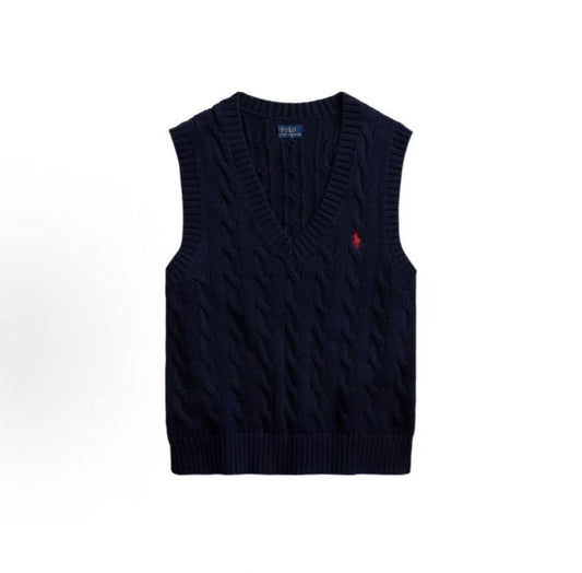 Ralph Lauren SS22 Little Horse Embroidered Logo Pattern Twisted Knitted Cotton Sleeveless V-Neck Sweater for Women in Blue