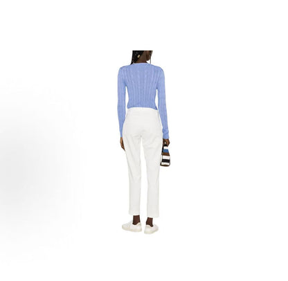 Ralph Lauren SS23 Petite Spur Embroidered Solid Cotton Twill Knotted V-Neck Pullover Long Sleeve Ribbed Hem Skirted Sweater Standard Fit Women's Blue