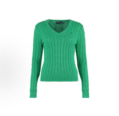 Ralph Lauren SS23 Logo jacquard ribbed V-neck cotton pullover long-sleeve knit top standard size women's green