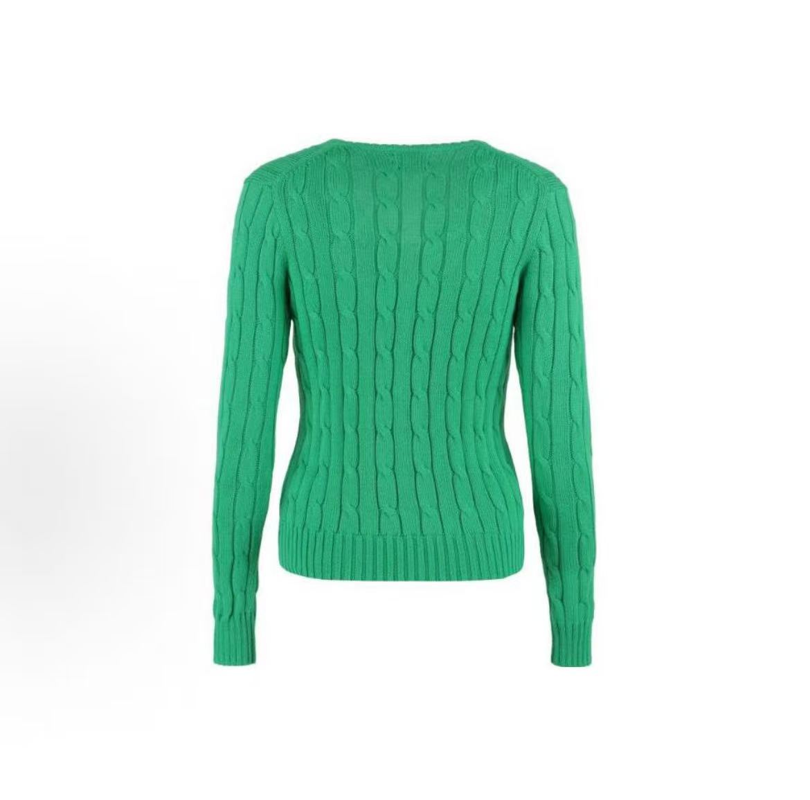 Ralph Lauren SS23 Logo jacquard ribbed V-neck cotton pullover long-sleeve knit top standard size women's green