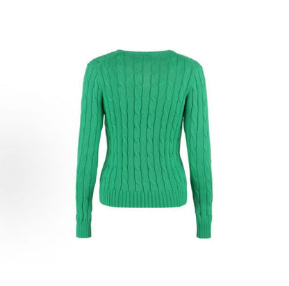 Ralph Lauren SS23 Logo jacquard ribbed V-neck cotton pullover long-sleeve knit top standard size women's green