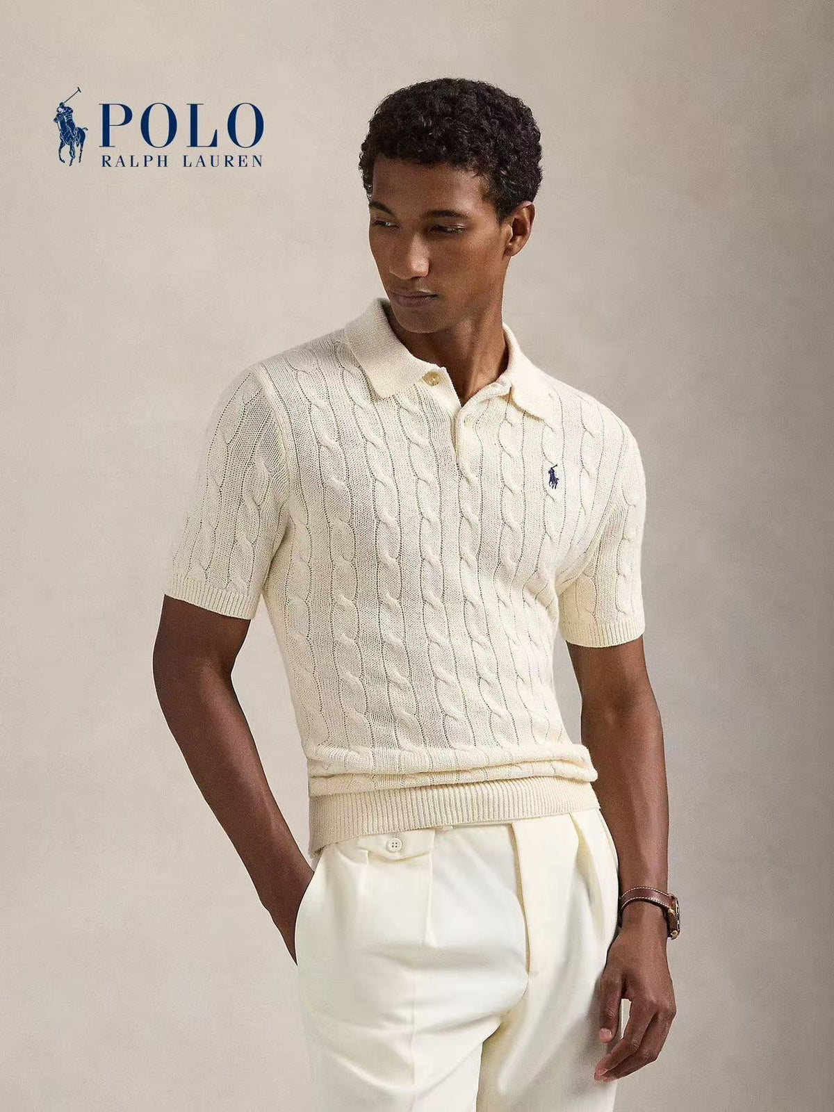 Ralph Lauren Solid Striped Logo Embroidered Short-Sleeved Knit Shirt - Standard Fit - Men's - Cream Color