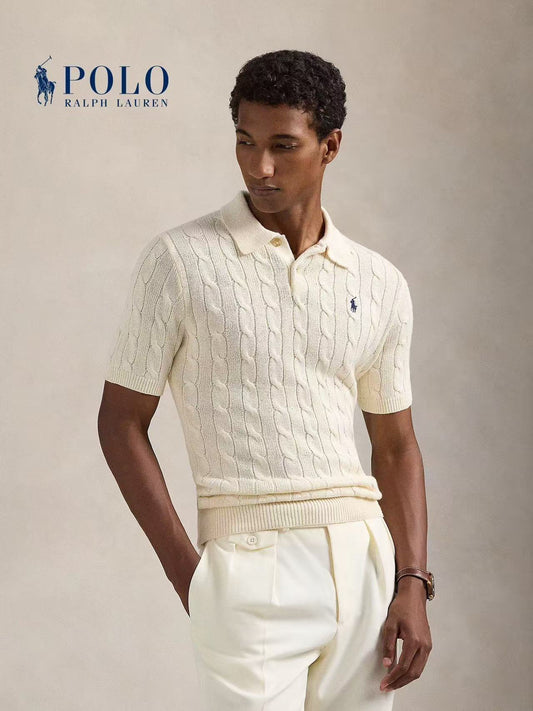 Ralph Lauren Solid Striped Logo Embroidered Short-Sleeved Knit Shirt - Standard Fit - Men's - Cream Color