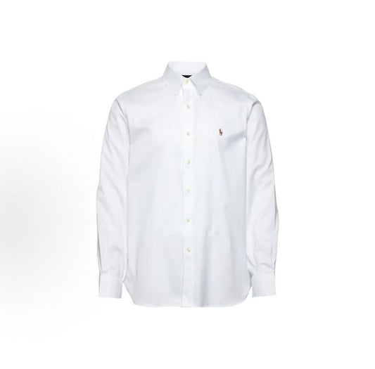 Ralph Lauren Solid-color Logo Patched Collar Button-Up Loose-Fitting Long-Sleeved Shirt Classic Style Men's White