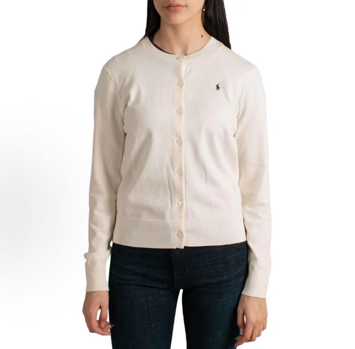 Ralph Lauren Petite Spurs Embroidered Solid Cotton Blend Round Neck Long Sleeve Ribbed Collar Hem Button Front Buttoned Collar Shirt Knit Shirt Form-fitting Women's Style White