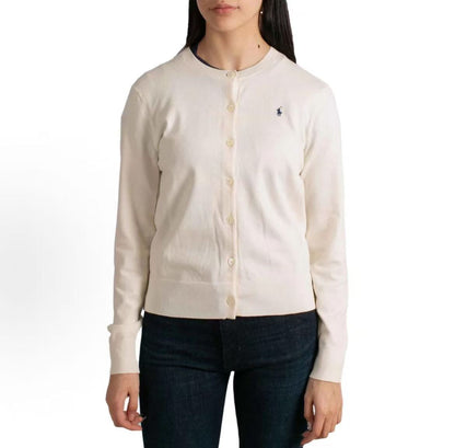 Ralph Lauren Petite Spurs Embroidered Solid Cotton Blend Round Neck Long Sleeve Ribbed Collar Hem Button Front Buttoned Collar Shirt Knit Shirt Form-fitting Women's Style White