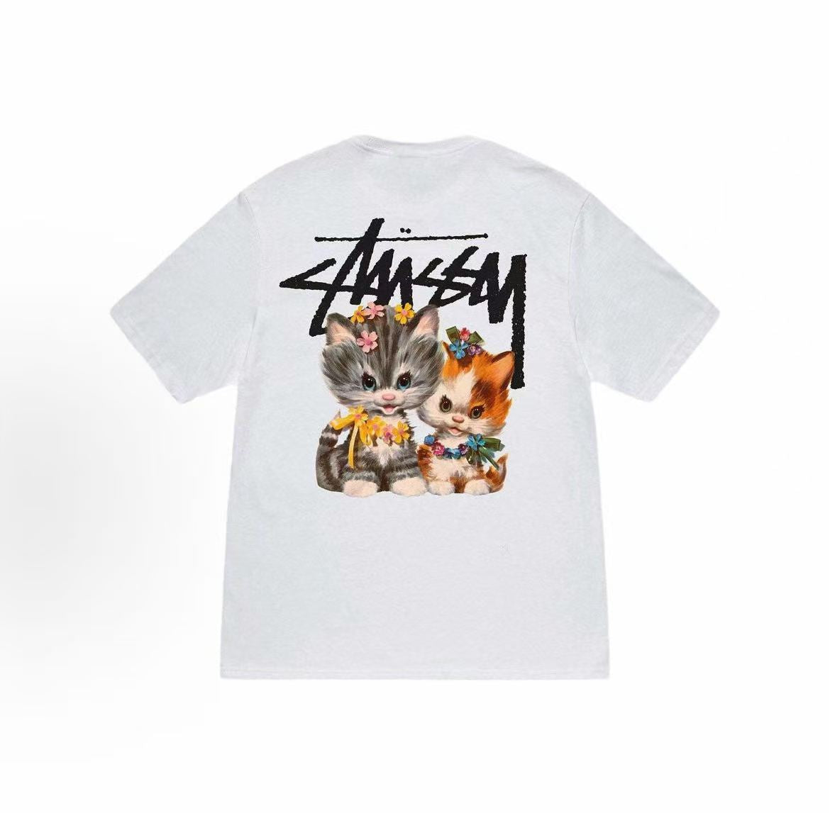 Stussy SS23 Collection Kittens Tee - 3D Cat Cartoon Pattern Embroidery with Letter Logo on Round Neck Short Sleeve T-shirt. Available for both men and women.