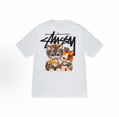 Stussy SS23 Collection Kittens Tee - 3D Cat Cartoon Pattern Embroidery with Letter Logo on Round Neck Short Sleeve T-shirt. Available for both men and women.
